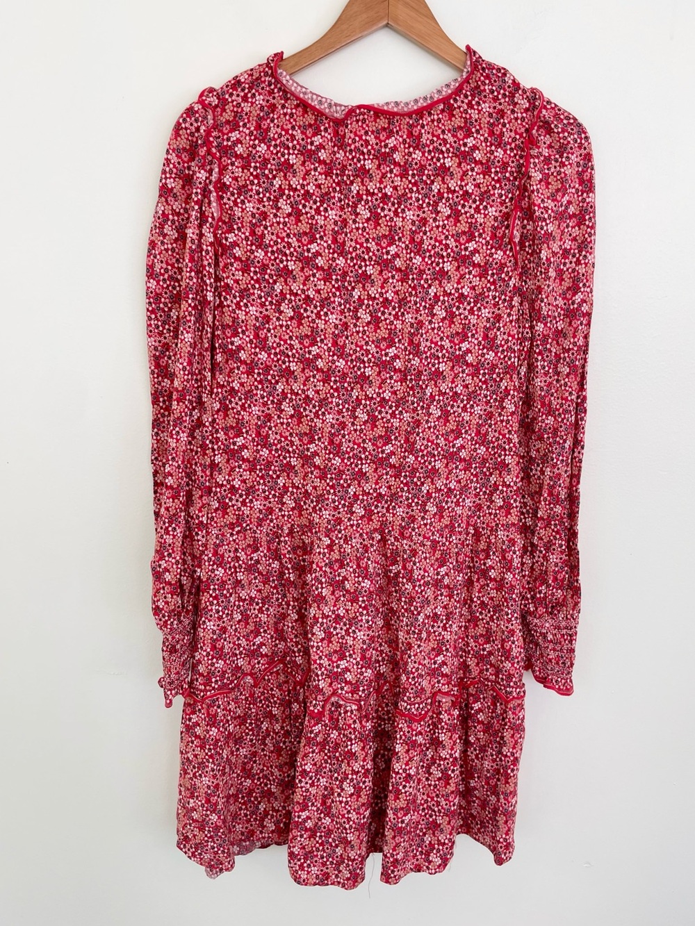 Max Studio Split Neck Front Tie Neck Long Sleeve Ruffled Midi Dress L Large Red - Picture 5 of 9
